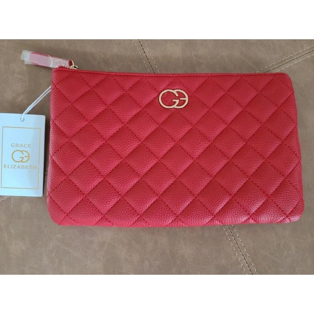 NWT Grace Elizabeth Red Quilted Faux Leather Clutch Bag